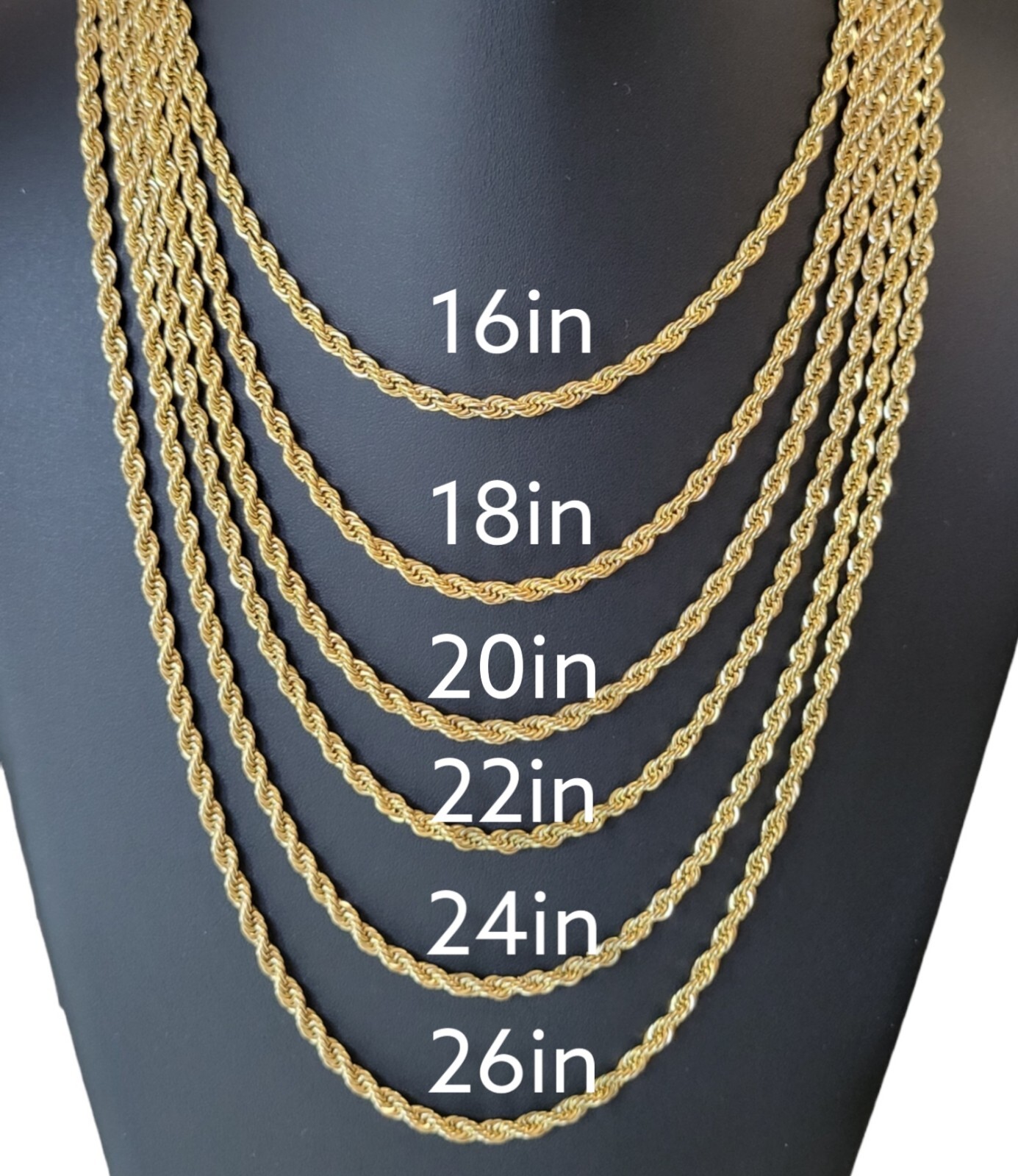 Stainless Steel Gold Plated  Rope Chain Necklace 4mm Size 16" to 26" Unisex, Men