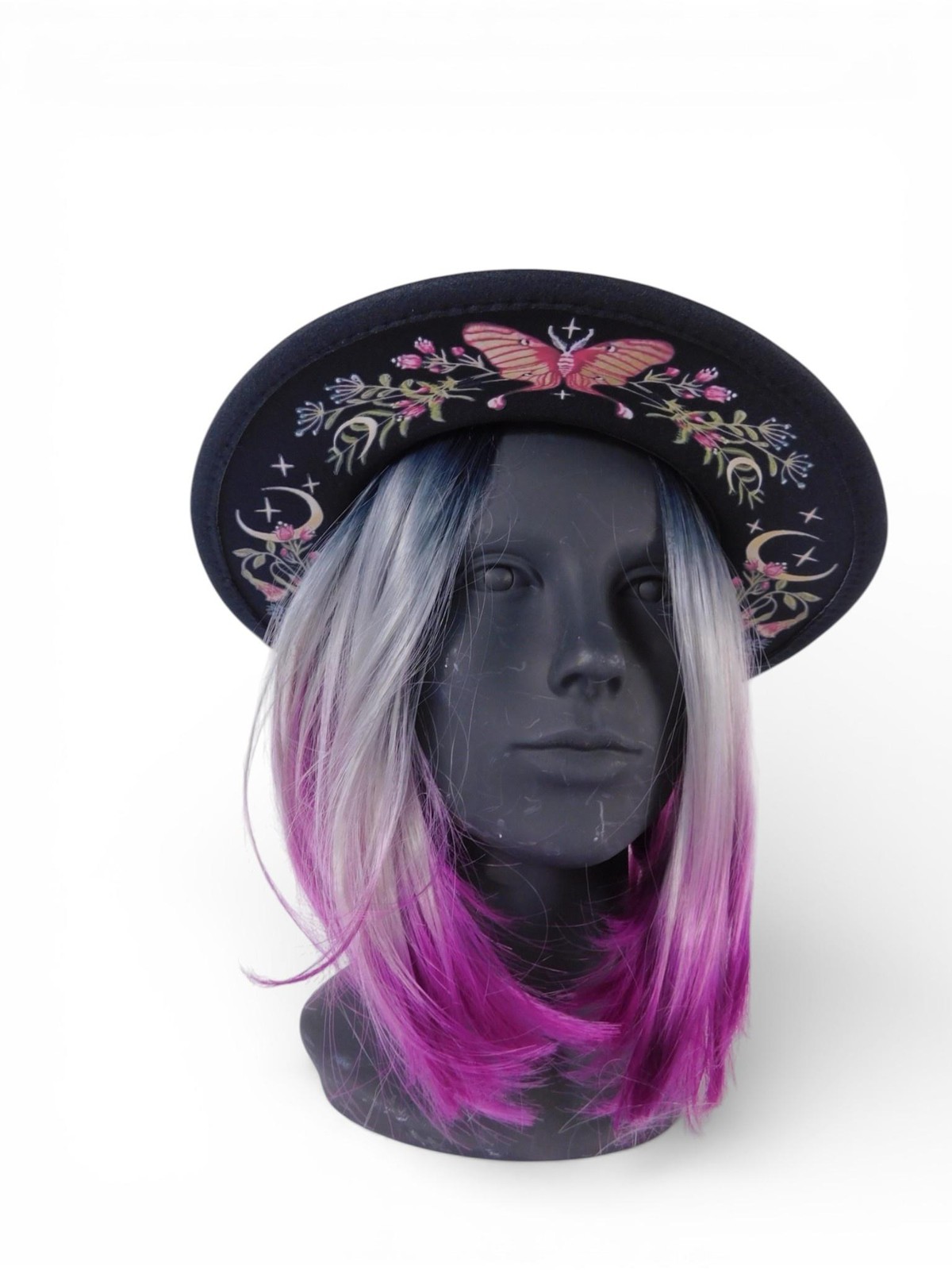 Wide Brim Fedora Hat Womens 7 1/8 Black Embroidered Butterfly Moon Floral Boho