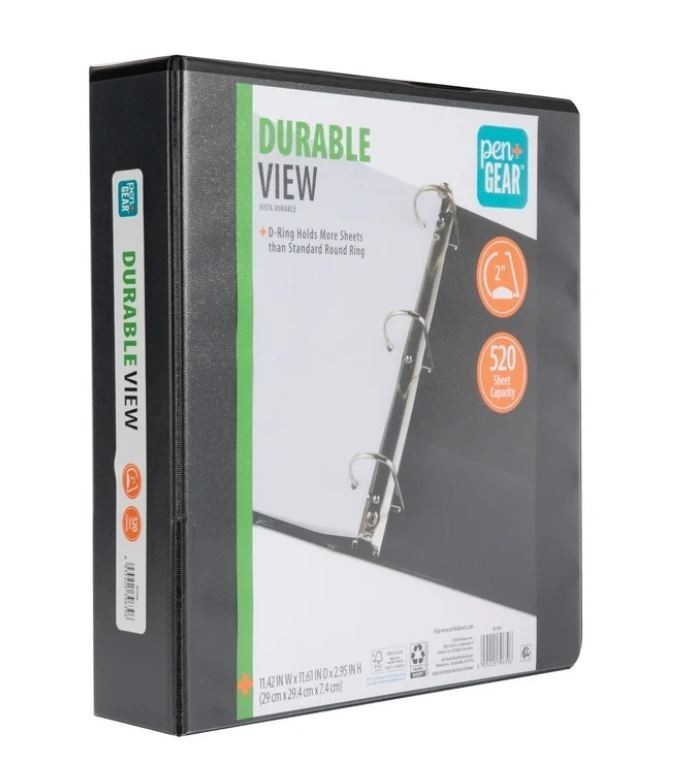 Pen+Gear 3-Ring Durable View Binder, 2" D-Rings, Black,1 Count