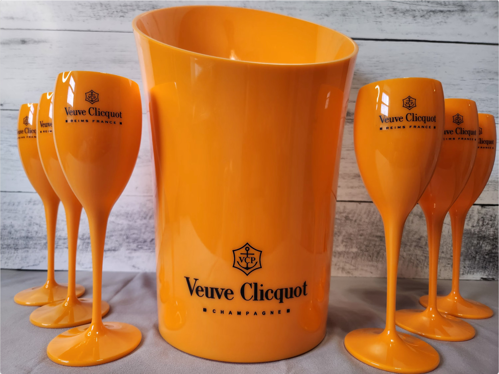 Veuve Orange Plastic Champagne Flute Glass | Matching Ice Bucket Set Options