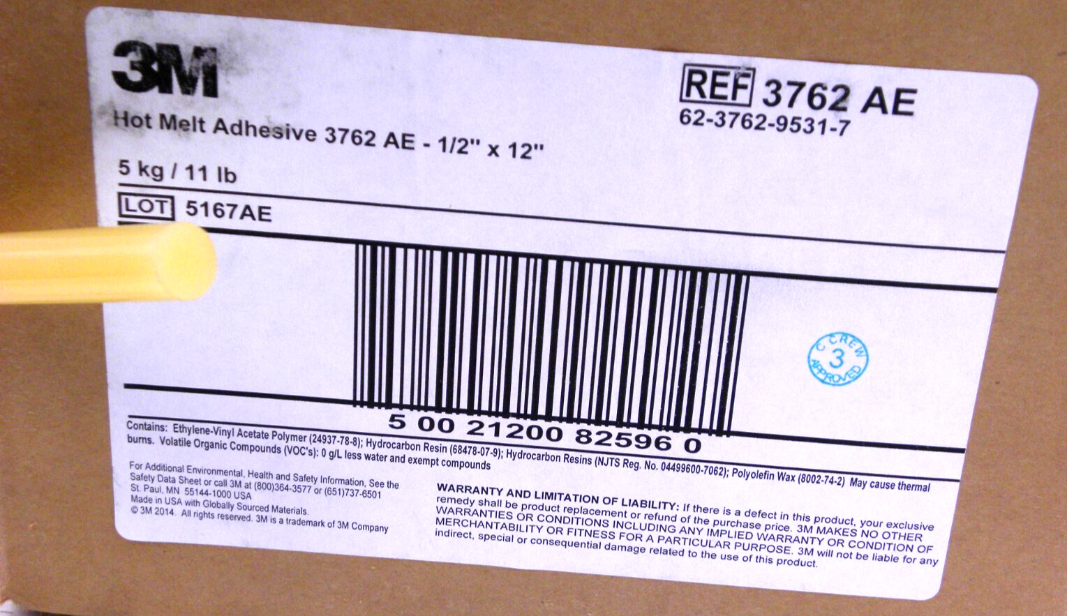 12 Pcs - 3M # 3762 AE Scotch Weld Hot Melt Glue Sticks TAN (.45") 1/2" x 12"