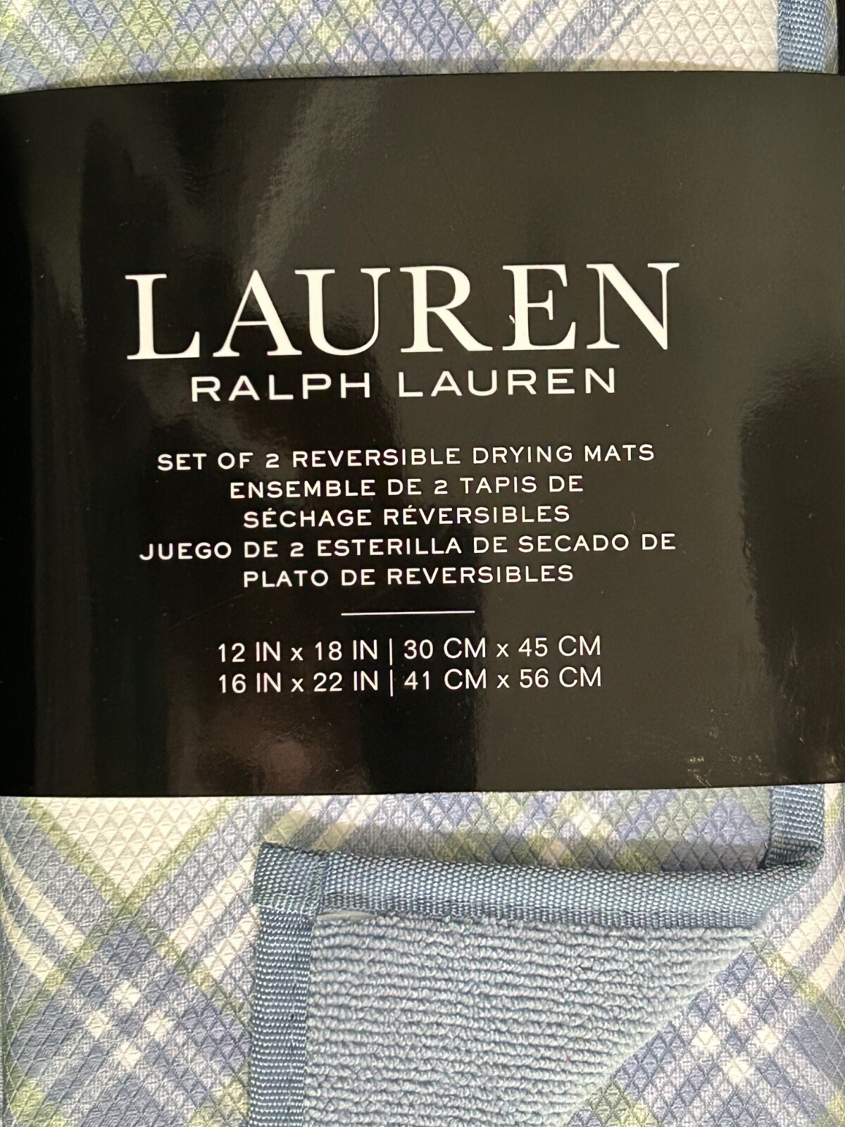 RALPH LAUREN KITCHEN DRYING MATS Plaid (2) 12" X 18" And 16" X 22" Blue/Green