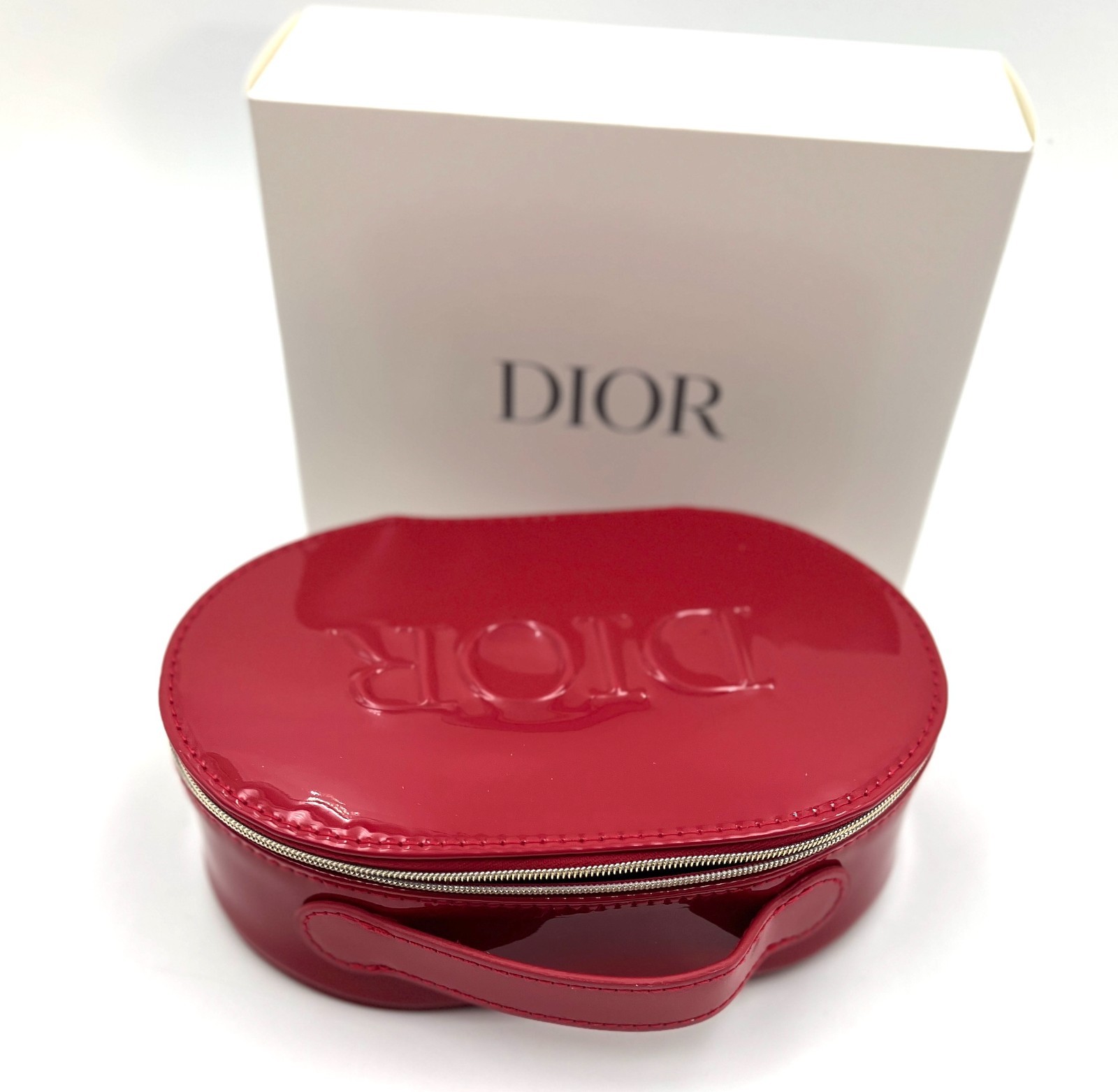 Christian Dior Patent Cosmetic Makeup Zipper Bag with Handle ~ Red