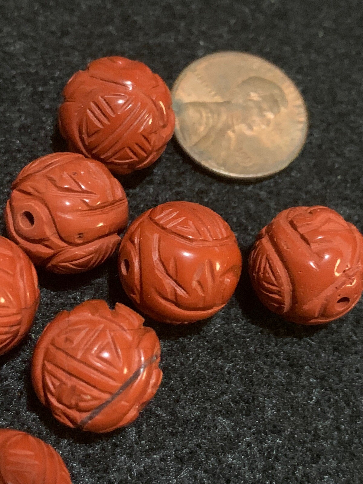 One Vintage Carved Chinese Bead Natural Red Jasper Double Shou Design 14mm Round
