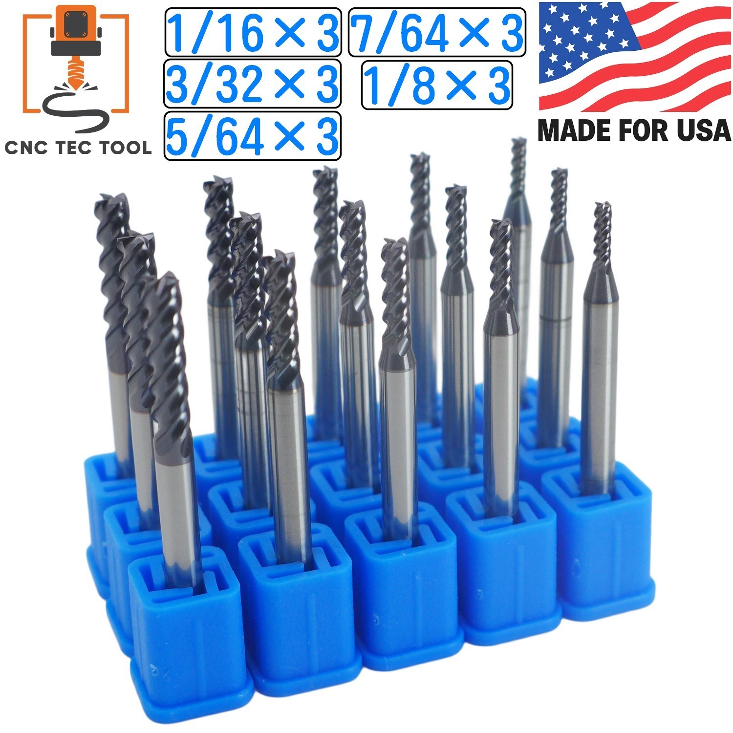 15 PCS Set 1/16" 5/64" 3/32" 7/64" 1/8" Square Carbide End Mill AlTiCrN Coated