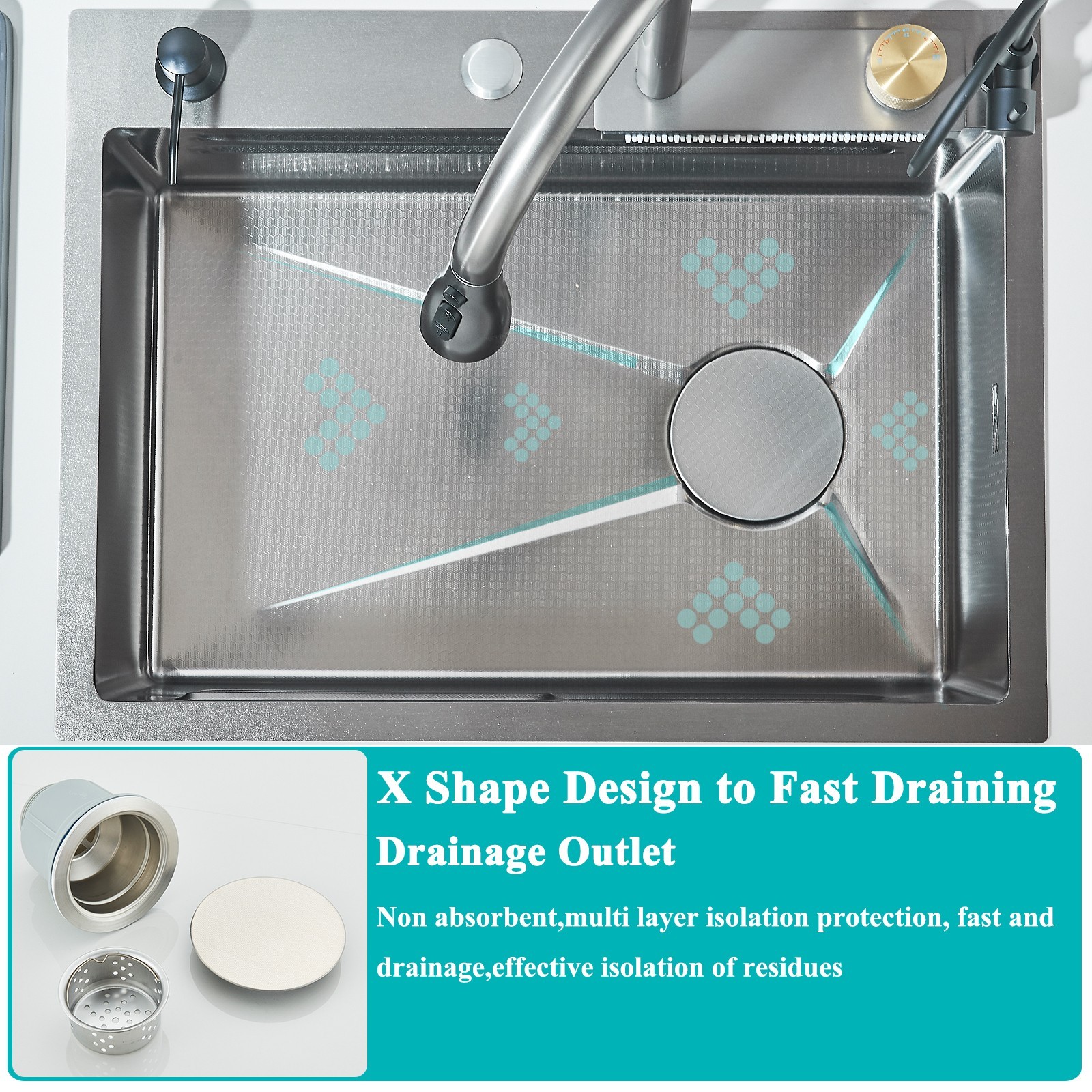 24" Flying Rain Stainless Steel Waterfall Kitchen Sink with Faucet Single Bowl