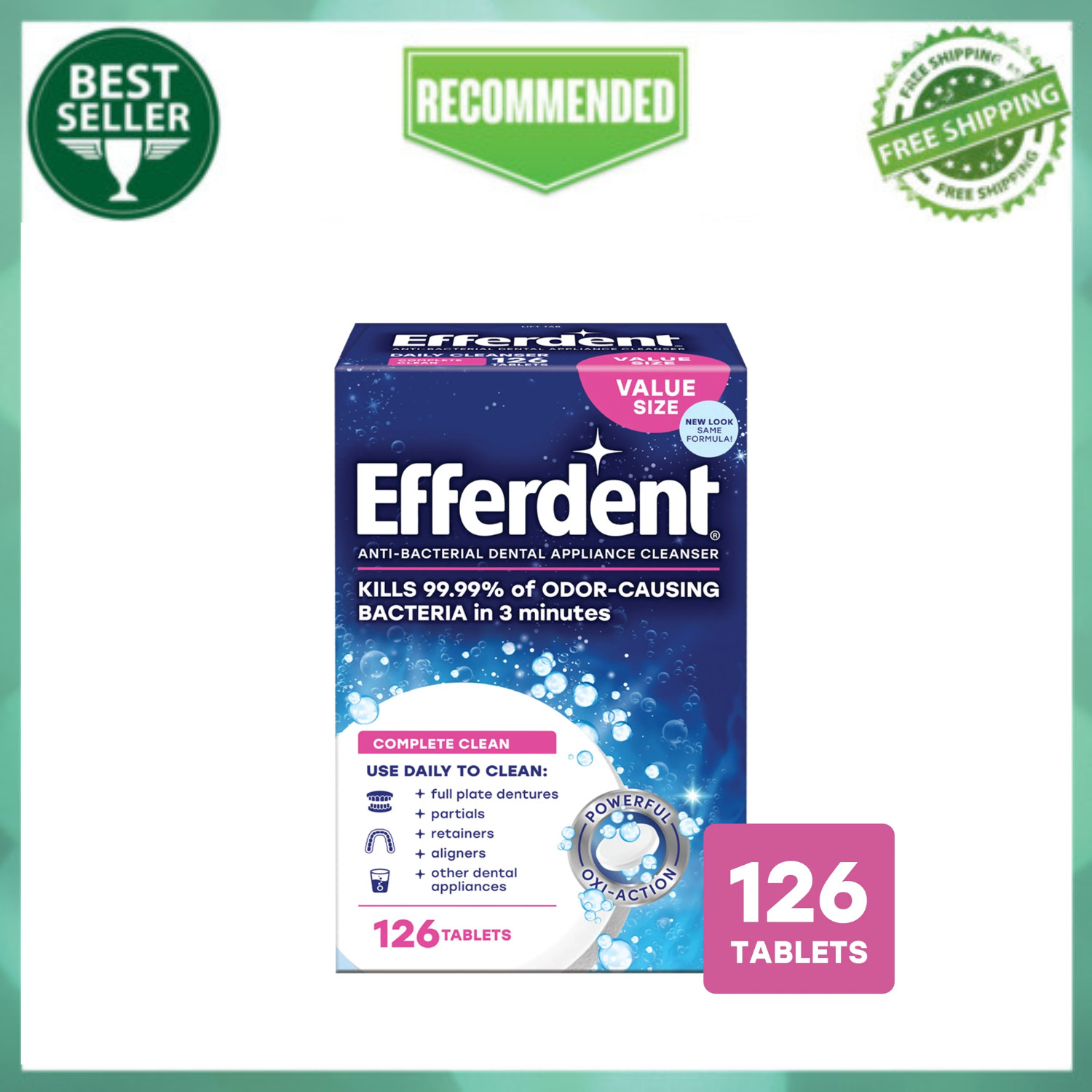 Efferdent Retainer & Denture Cleaner Tablets, Complete Clean, 126 Count