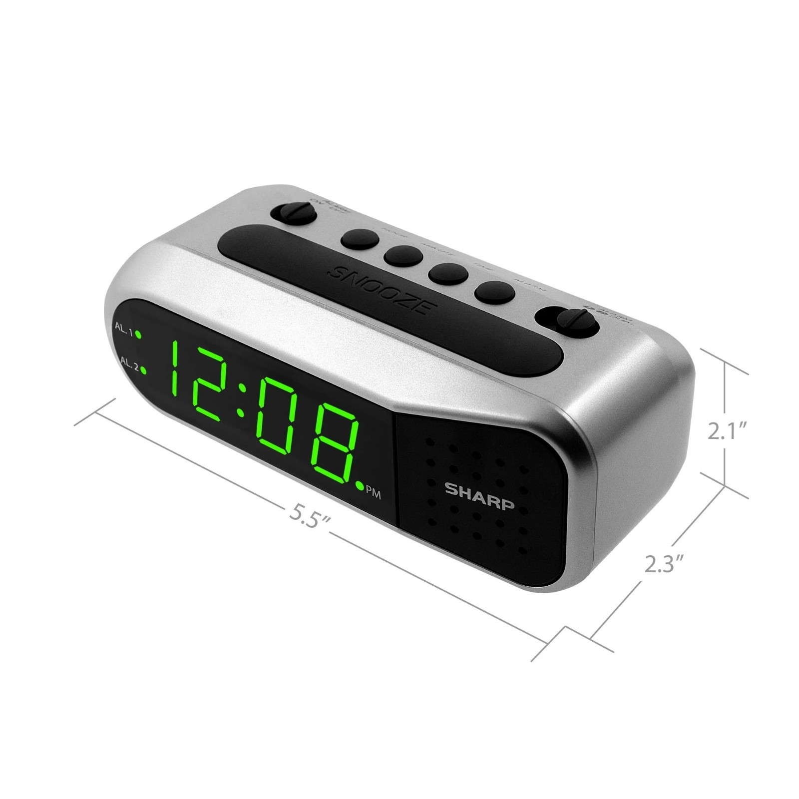 SHARP Digital Dual Alarm Clock, Silver with Green LED Display, Ascending Alarm