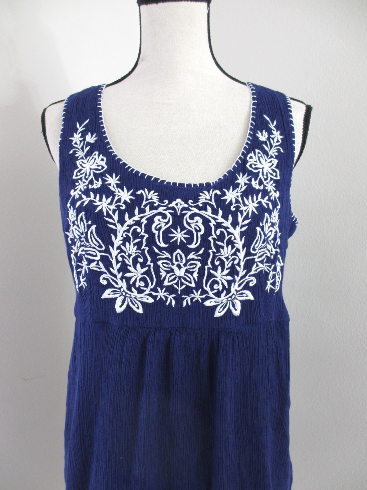 Navy Blue Applique Embroidered Sun Dress Women's 14 Sleeveless Gauze Cotton Boho