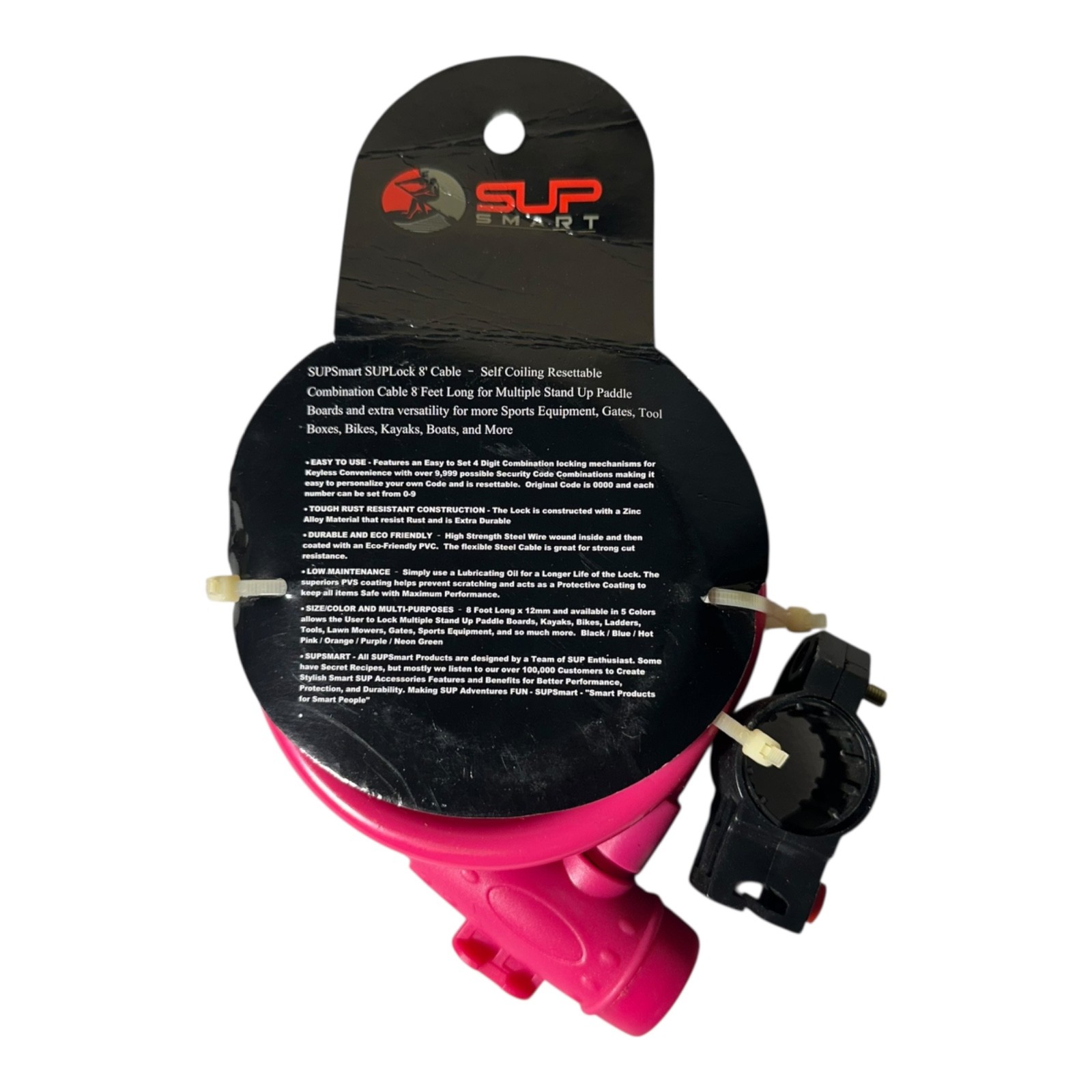 SUPSmart 8ft Cable Lock Pink Kayak Paddleboard Bike Lock w/Keys & Mount Bracket