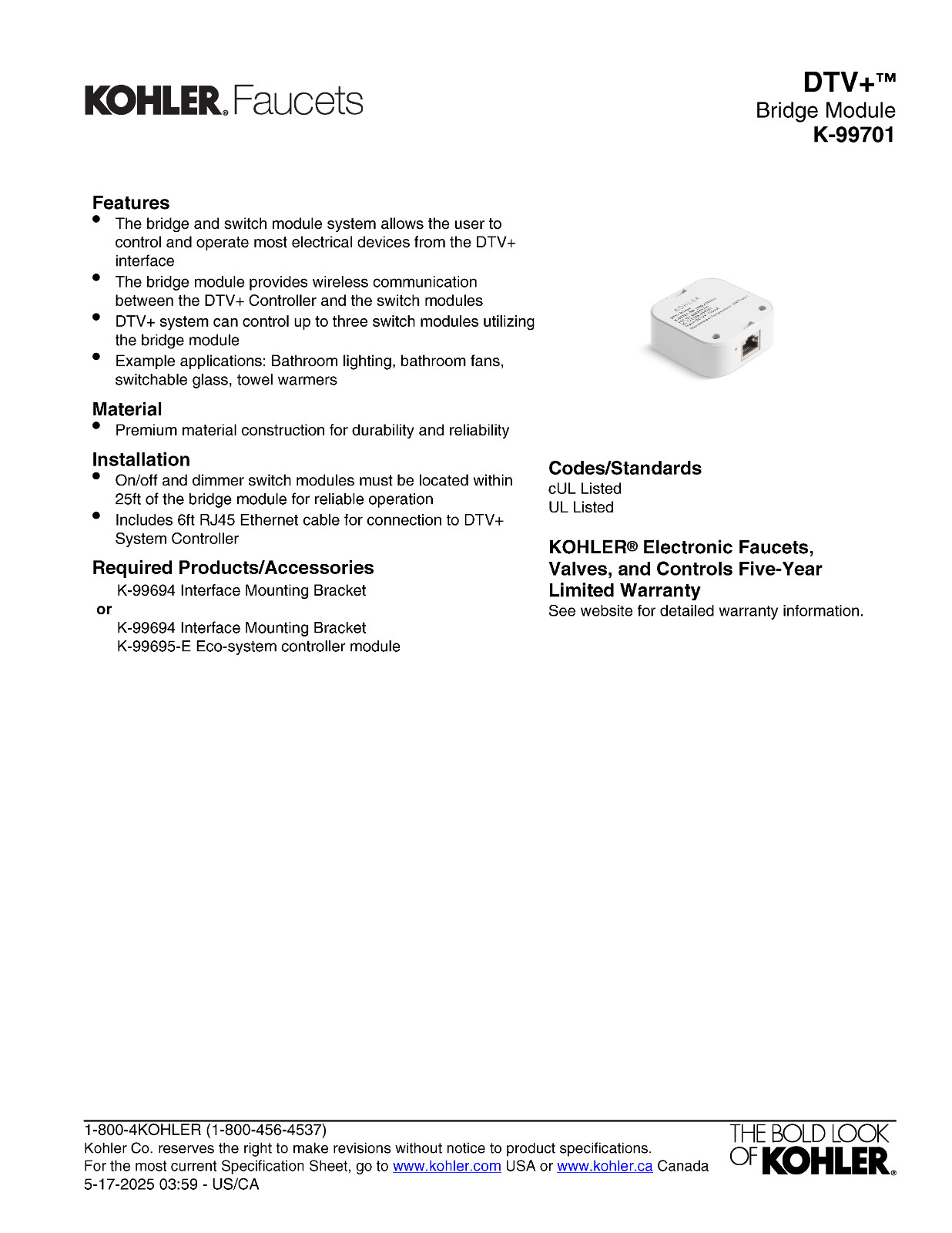 Kohler 99701-NA DTV+ Bridge Module