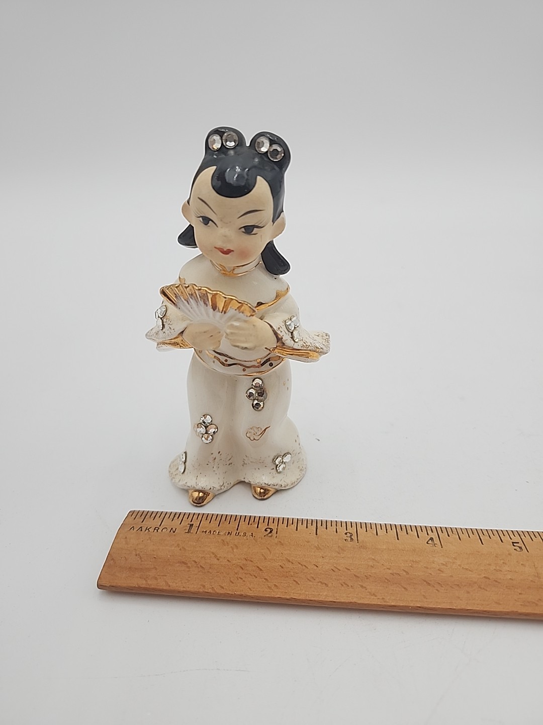 Lefton Geisha Fan Girl Figurine Vintage Rhinestone Japanese Statue Japan