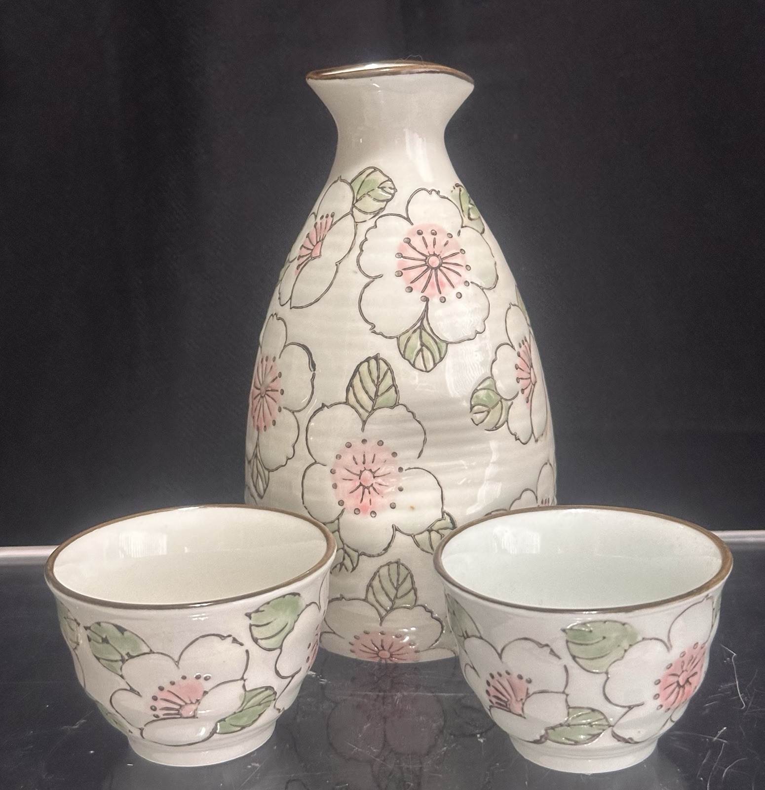 Japanese Ceramic Sake Set Hand Painted Cherry Blossom Motif