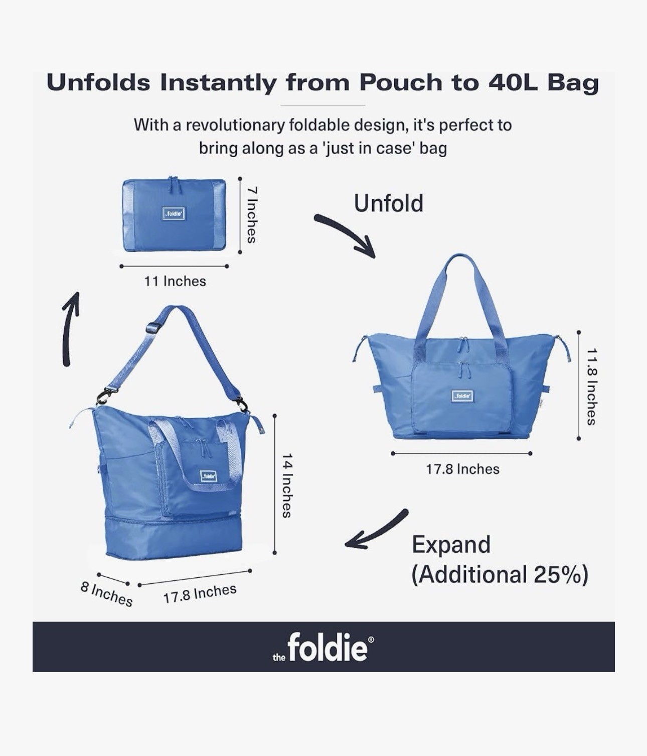 The Foldie® 4.0 Travel Duffle - Water Resistant - Expandable Bottom - Azure
