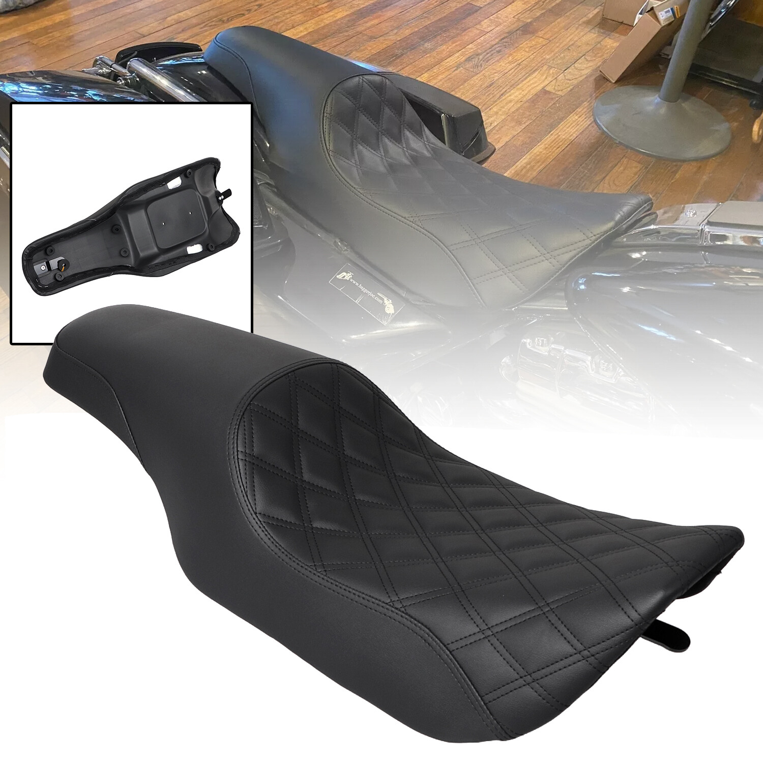 Black Driver Passenger Extended Two-Up Seat For Harley Road King FLHR 1997-2007