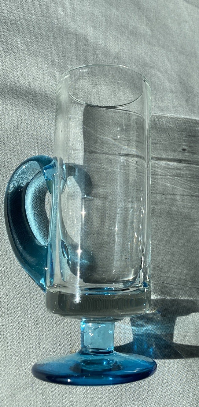 MCM Cylindrical Hand Blown Shot Glasses With Blue Handles And Bases - Set Of 2