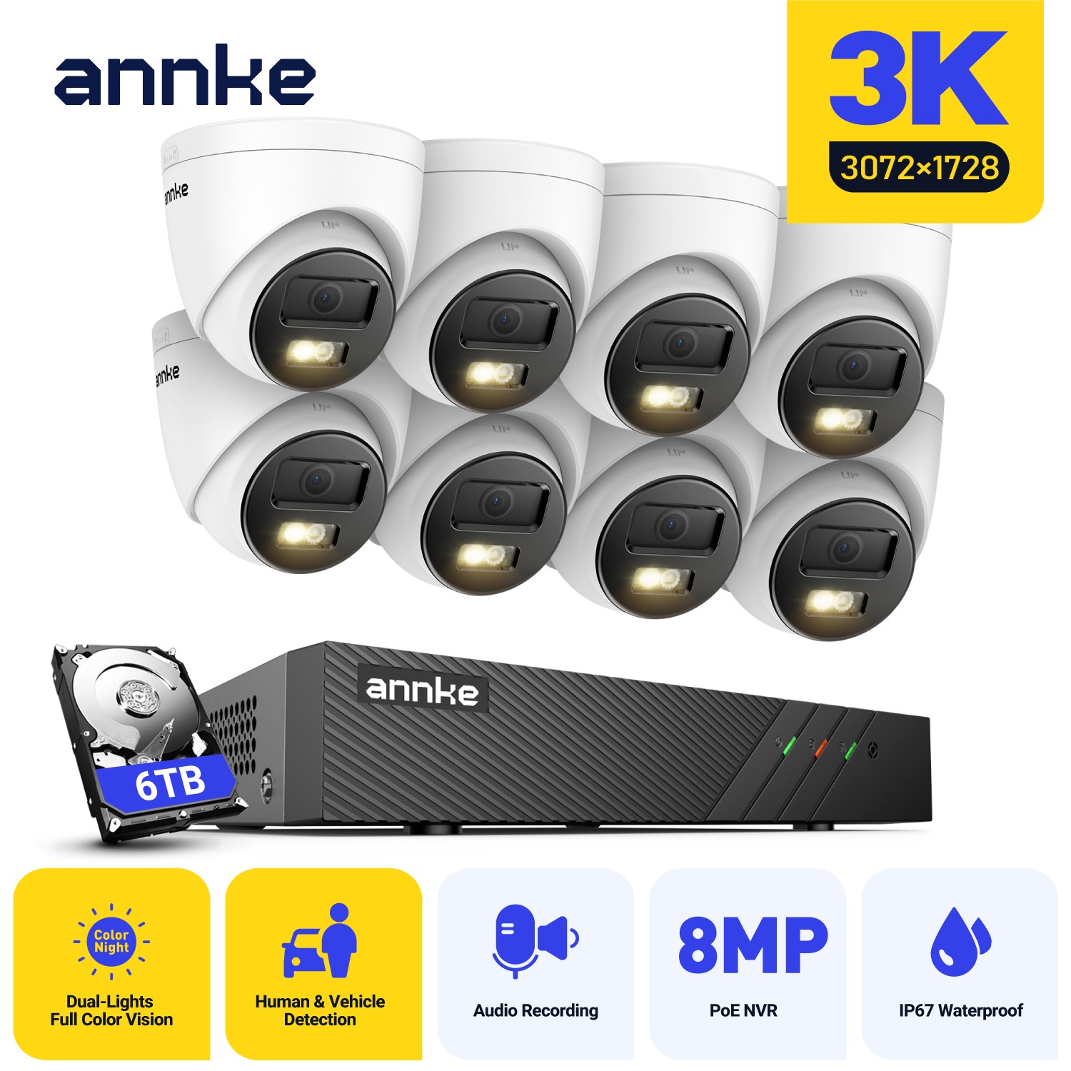 ANNKE H.265+ 5MP Audio POE Security IP Camera System 8MP 8CH NVR Outdoor Color