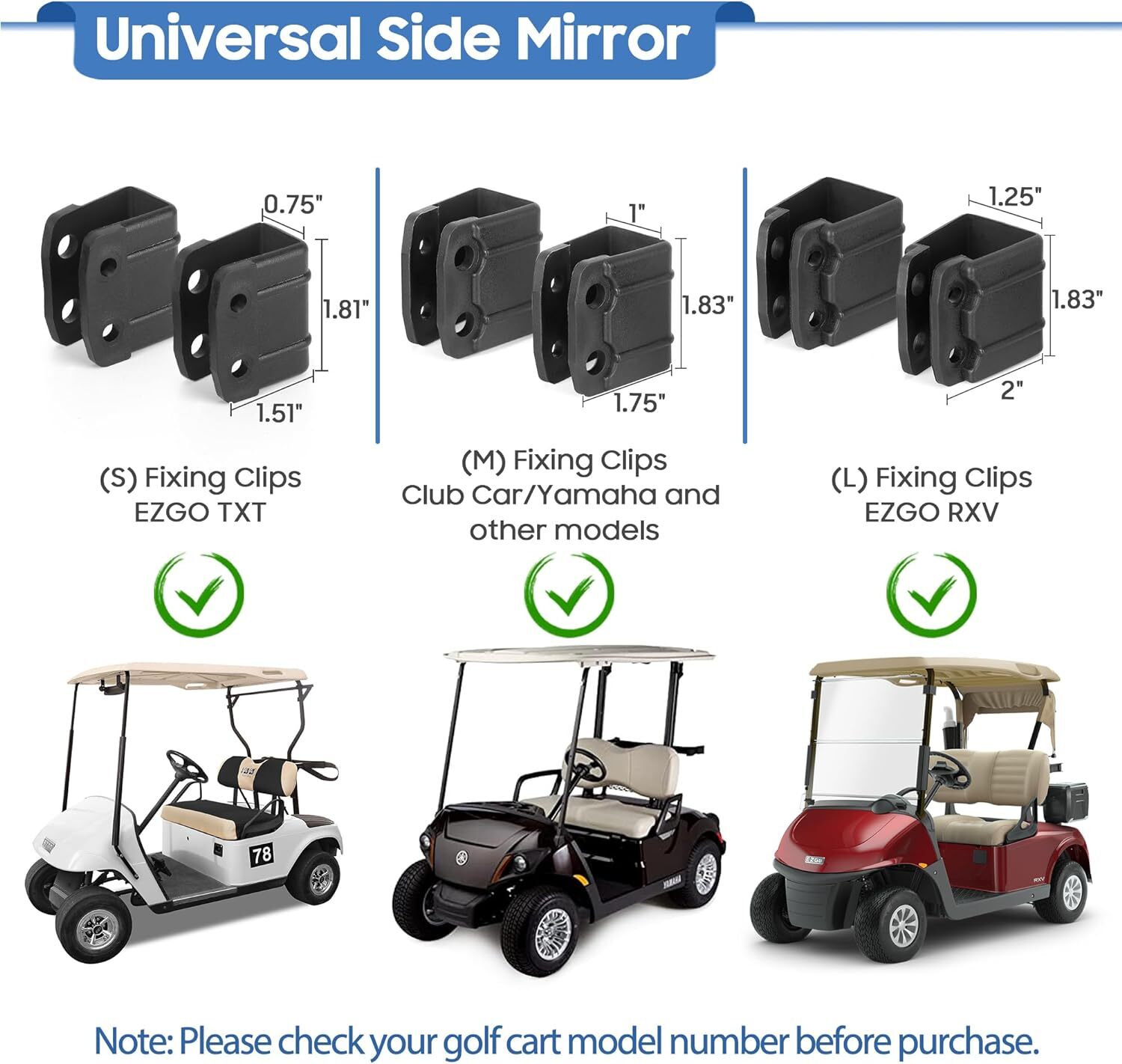 Universal Golf Cart Side Mirrors,No Drilling Rear View Mirror for EZGO Club Car