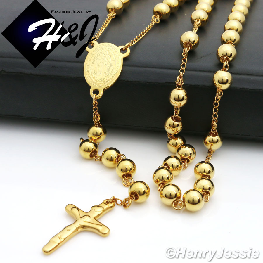 30+5"MEN's Stainless Steel HEAVY 8mm Gold Plated Beads Cross Rosary Necklace
