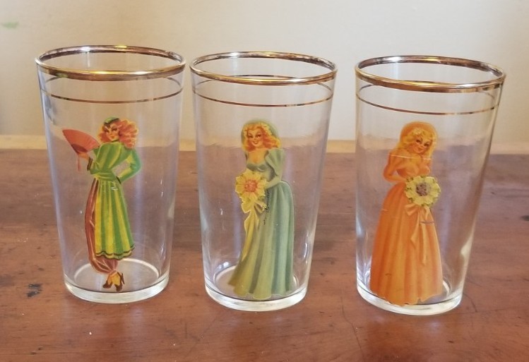 Set of 3 Vintage 1940s Peek-A-Boo Decal Pin Up Lady Girl Highball Glasses