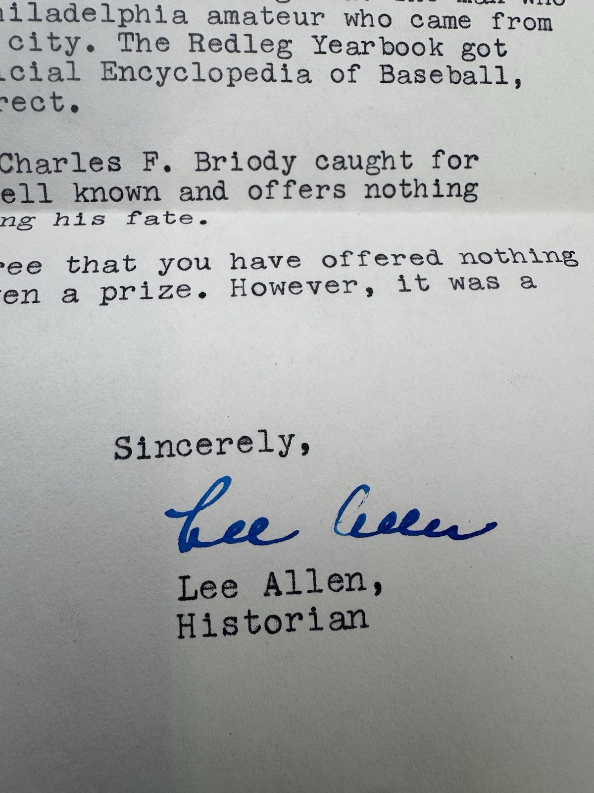 Baseball Hall of Fame Letter 1962 Signed Lee Allen Historian Cooperstown Sports