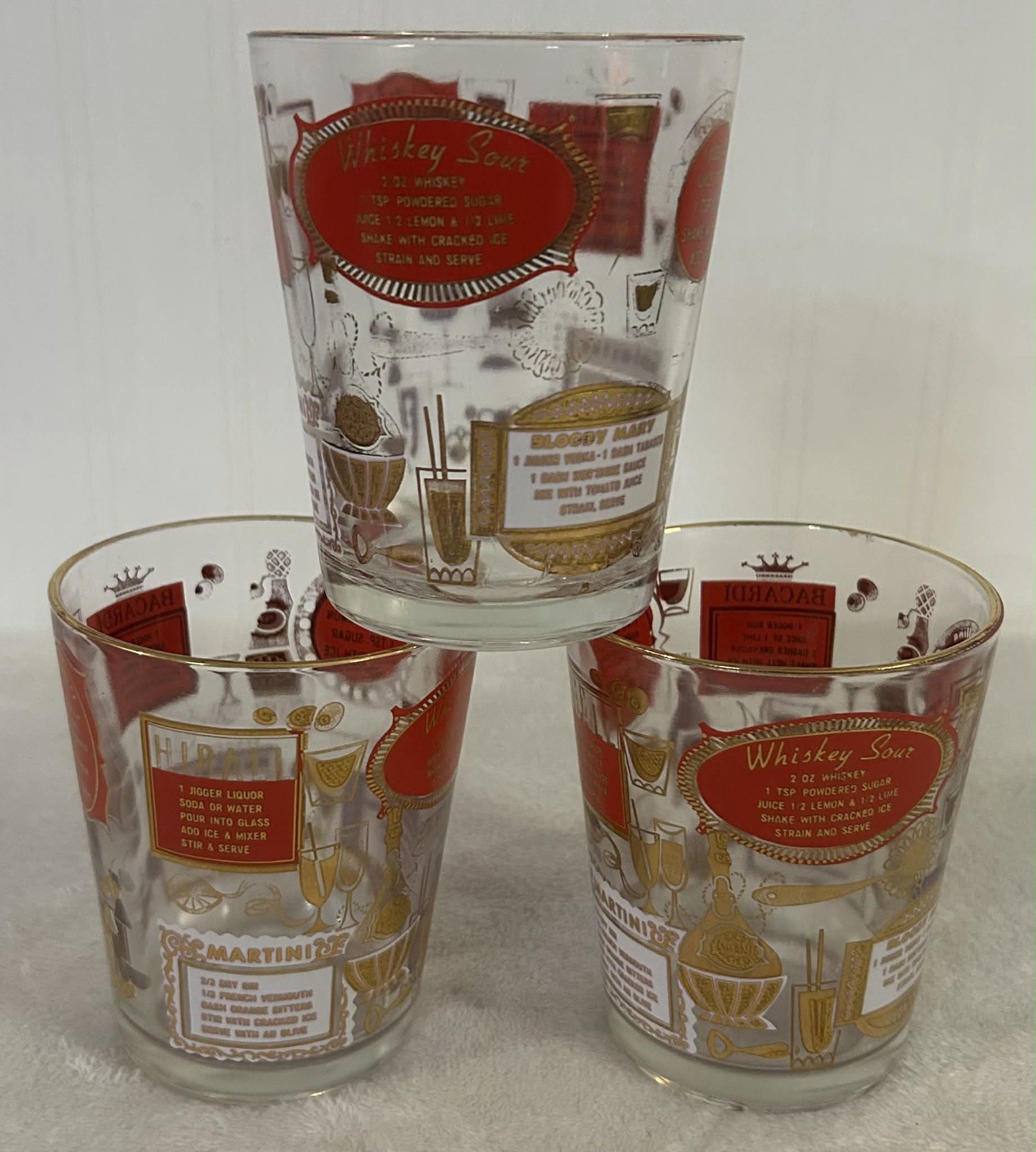 3 Vintage Jeannette Glass MCM Cocktail Recipes, Red/Gold 1950-1960s