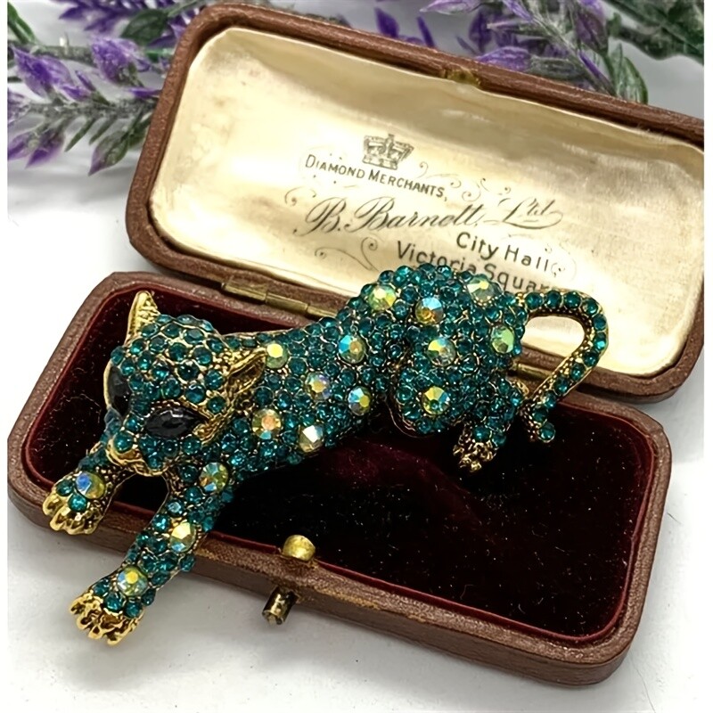 Vintage Leopard Brooch Pin - Animal Green & Golden Pins Jewelry