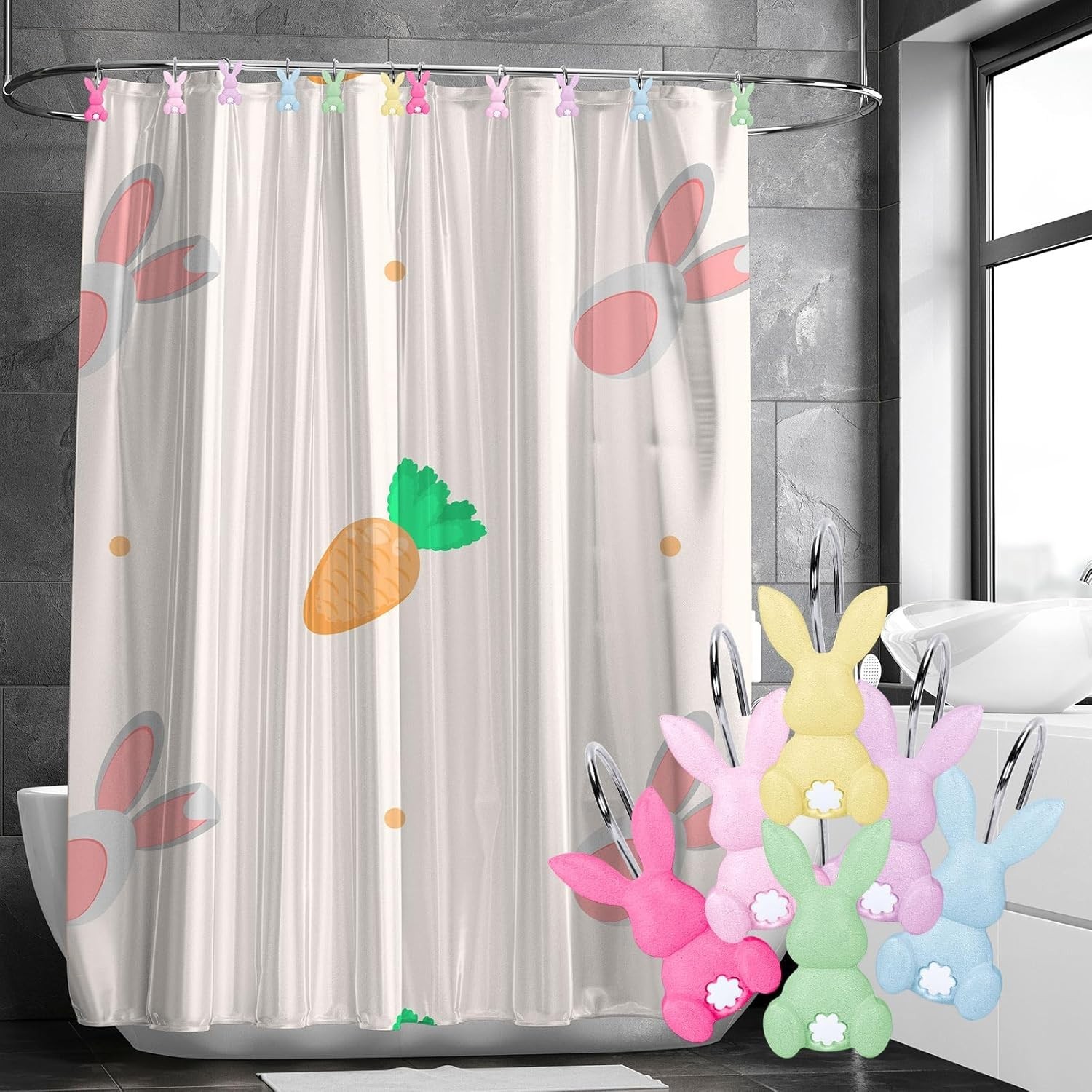12Pcs Easter Rabbit Shower Curtain Hooks Bunny Curtain Rod Rings Spring Resin Cu