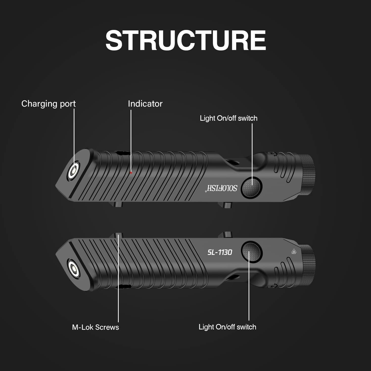 Solofish 1450 Lumens Flashlight Strobe Light M-Lok Rail Magnetic Rechargeable