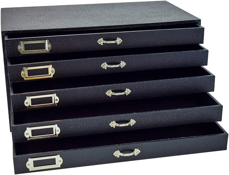 Jewelry Storage Organizer Case Cabinet 5 Drawer Black Faux Leather 15" x 8"