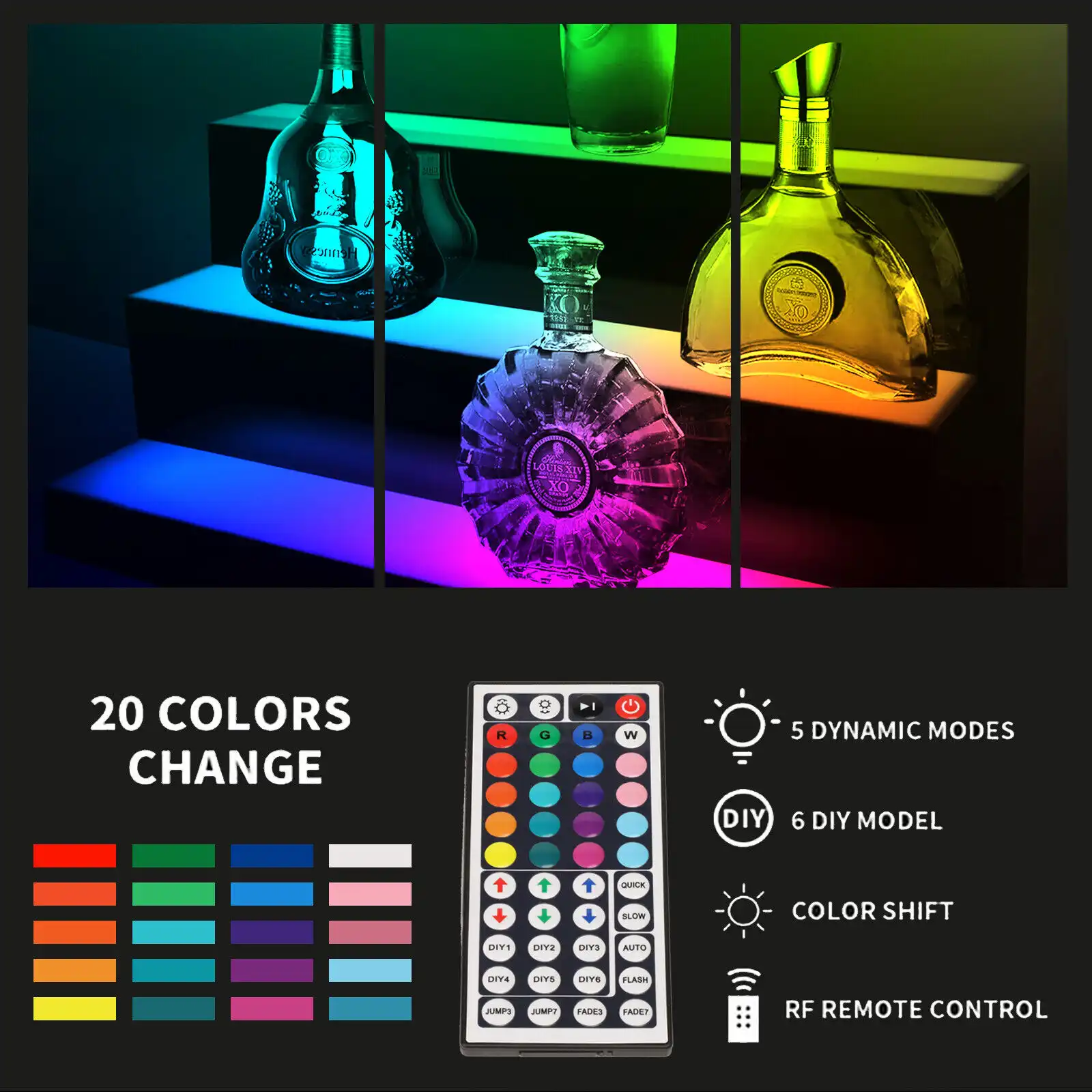 24" 3 Step Tier LED Glowing Light Up Back Bar Liquor Bottle Display Shelf D??cor