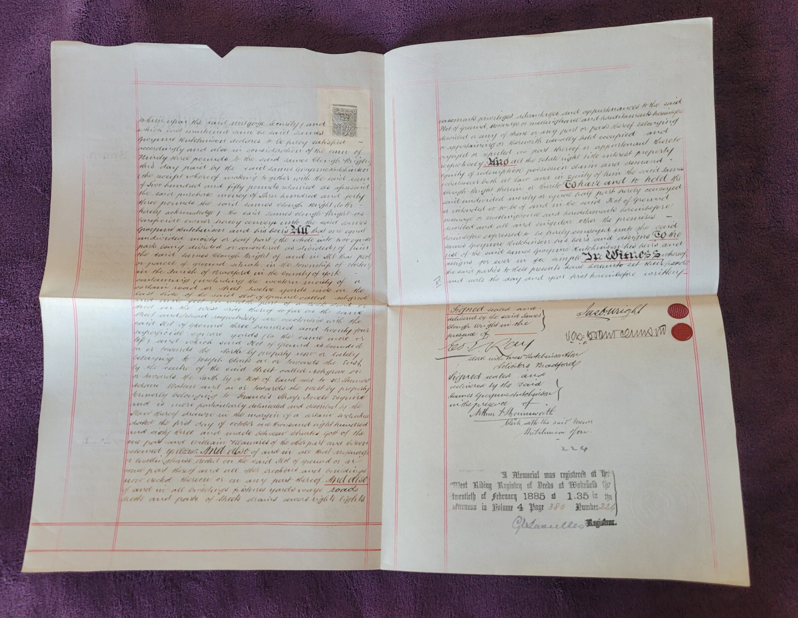 1885 Vellum Indenture. J.Wright. To J. Hutchinson Re: Ashgrove, Horton, Bradford