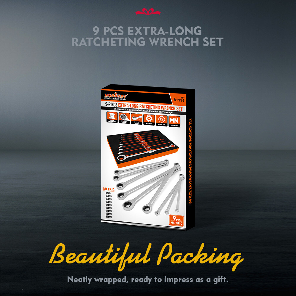 9PC Extra Long Ratcheting Wrench Set Anti-Slip Double Box Spanner Metric 8-22MM