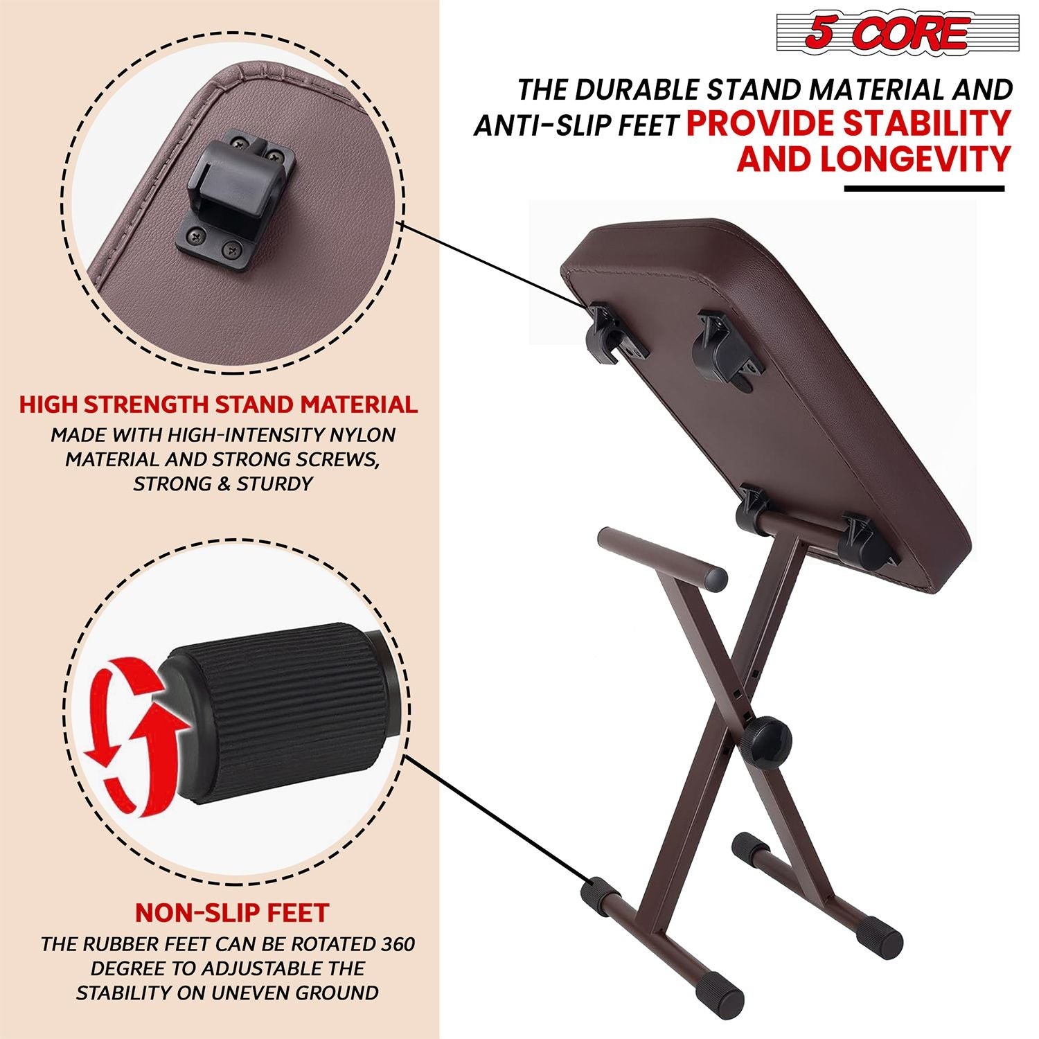 5 CORE Keyboard Bench X Style Piano Stool Thick Padded Max 20.5 inch Height Adju