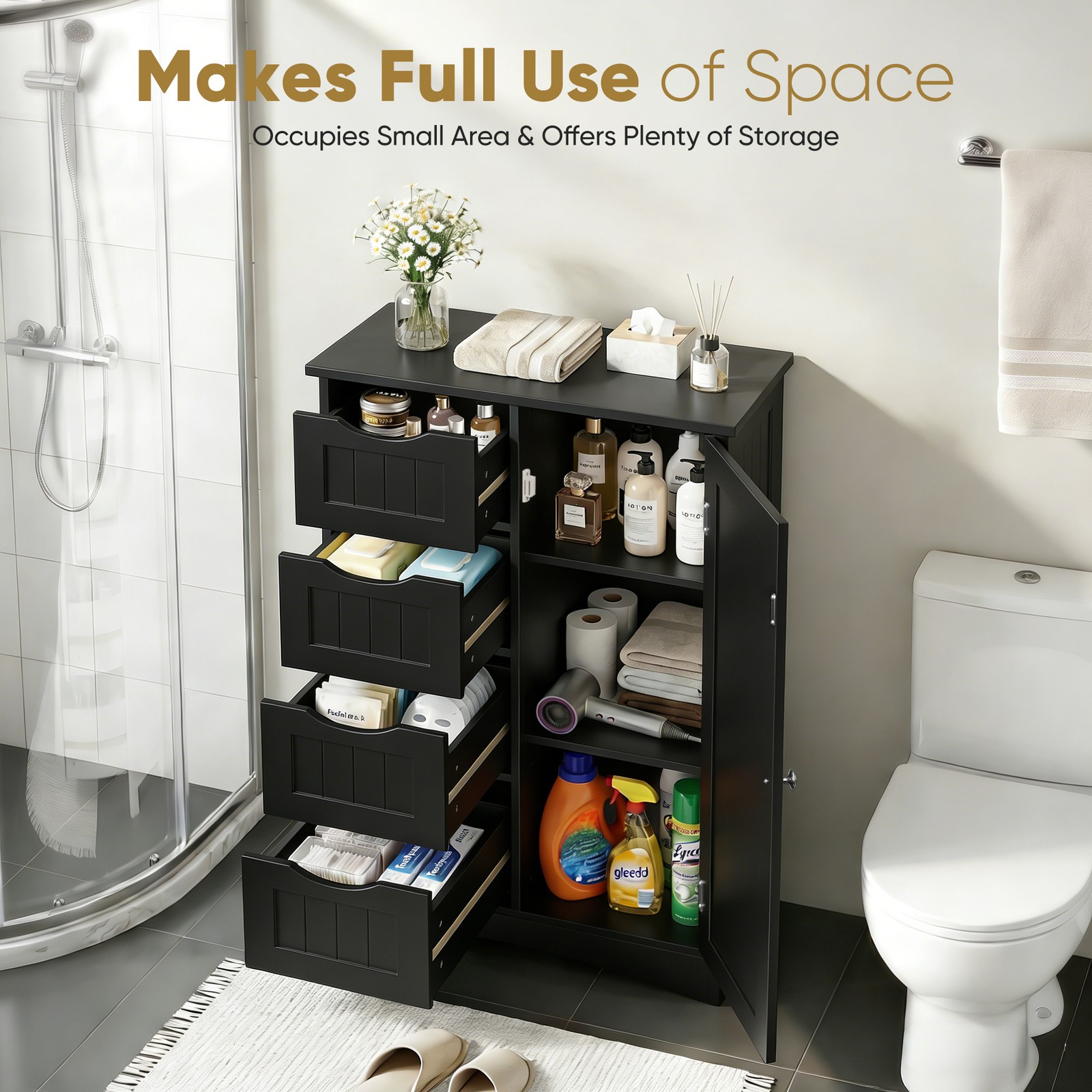 Bathroom Floor Storage Cabinet w/4 Drawers Adjustable Shelves Freestanding Black