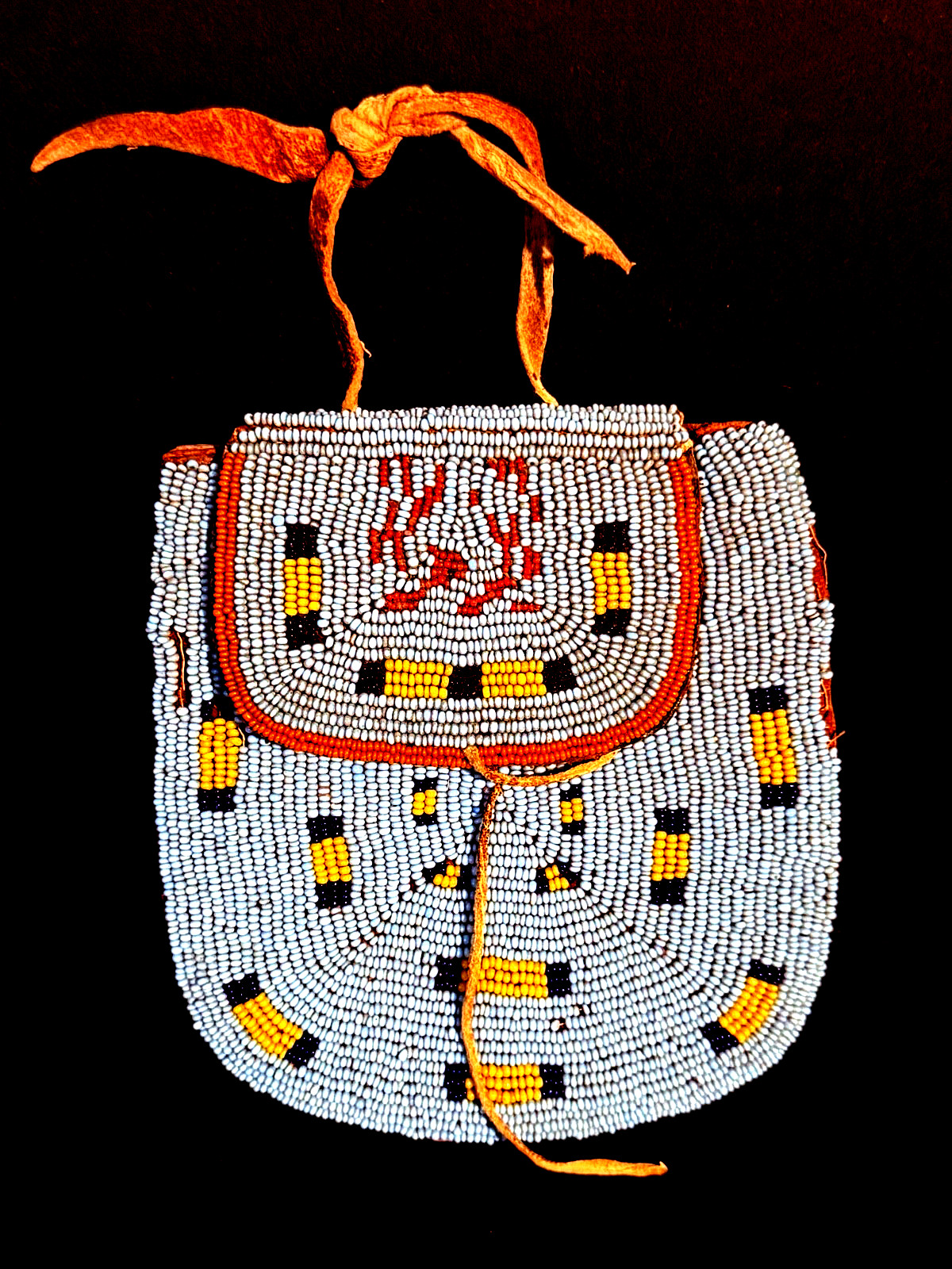 HISTORIC PLAINS BEADED HIDE POUCH,TURQUOISE BLUE GLASS BEAD BACKGROUND,EXCELLENT