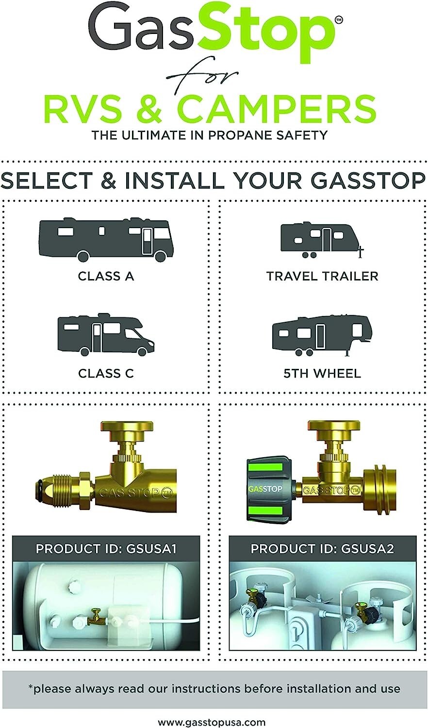 GasStop Propane 100% Emergency Shut-Off Safety Device-for RV ACME type