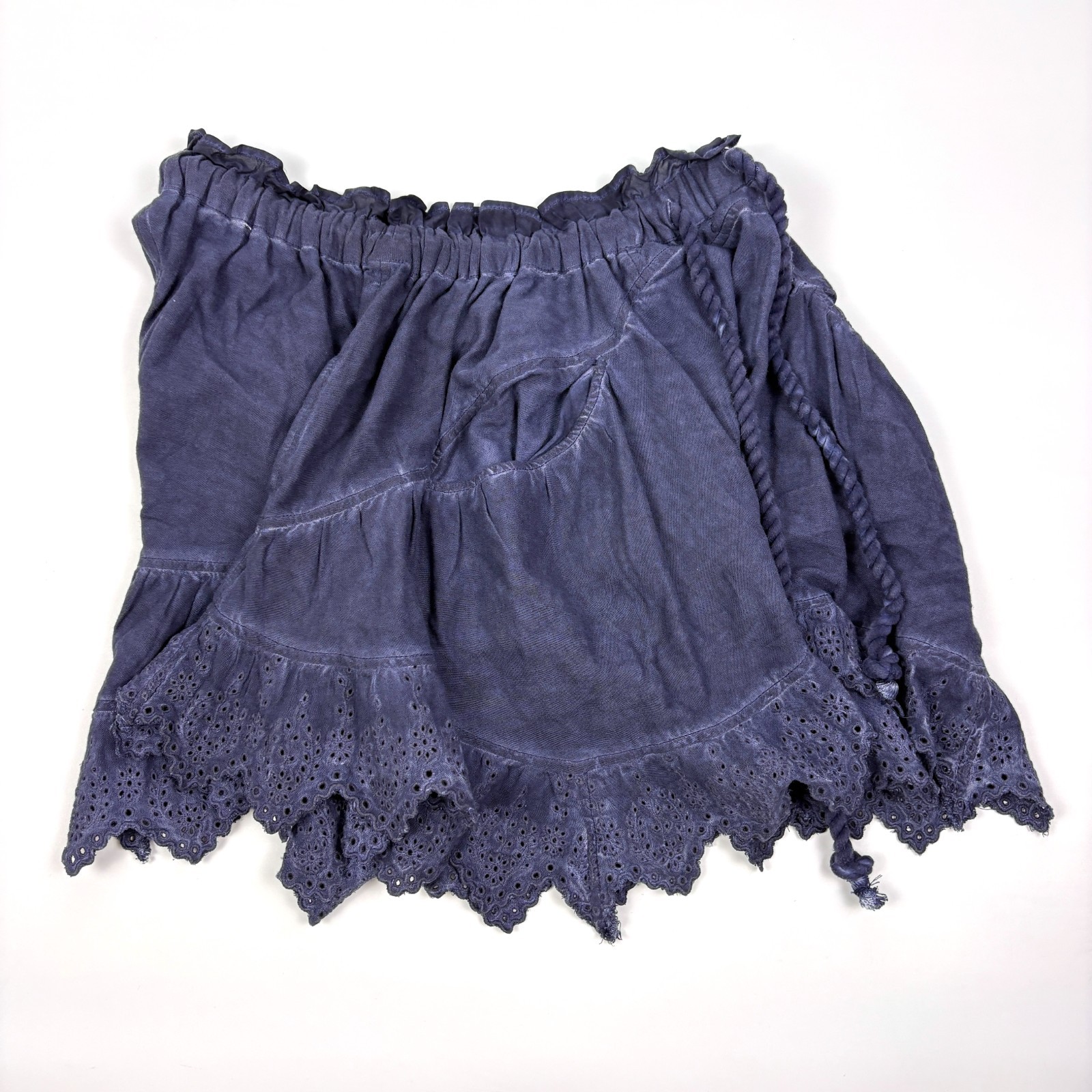 Free People Mariella Pull On Shorts Womens Sz S Navy Blue Eyelet Hem Rope Tie