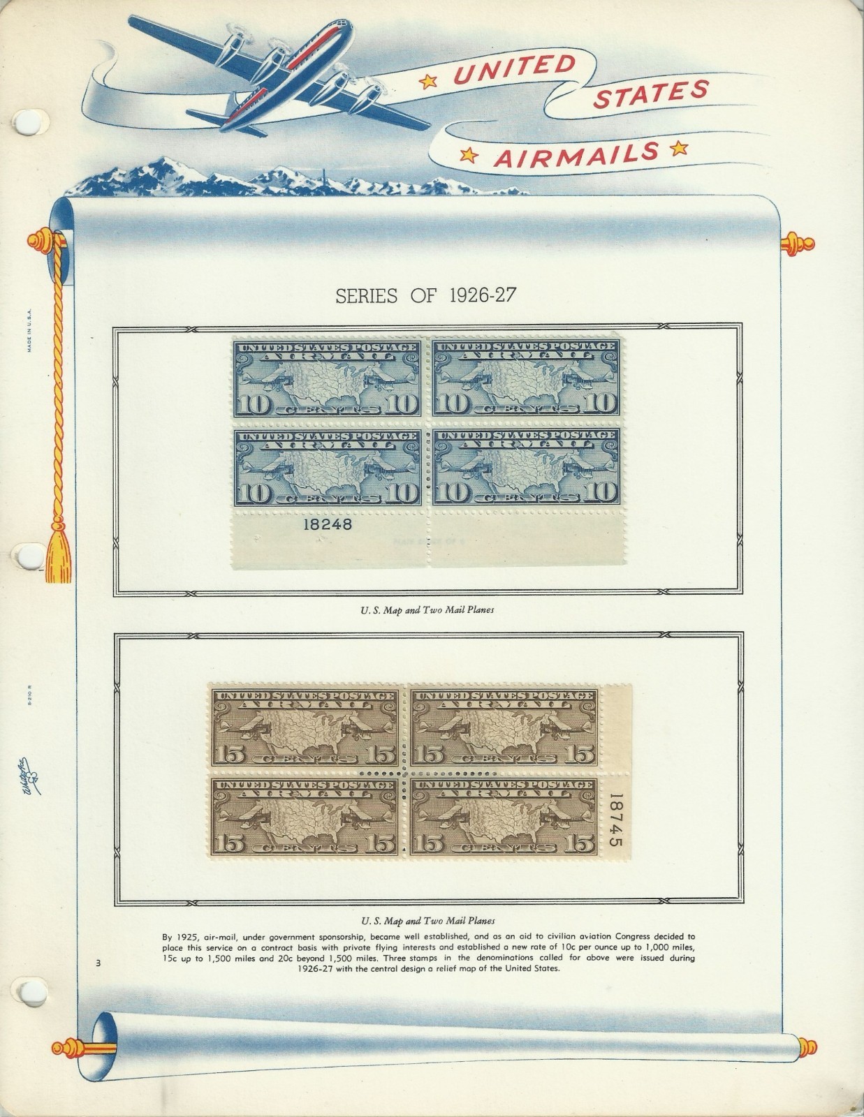 USA Stamps: Air Mail  Plate Blocks & Singles on White Ace Album Pages. SCV $350+