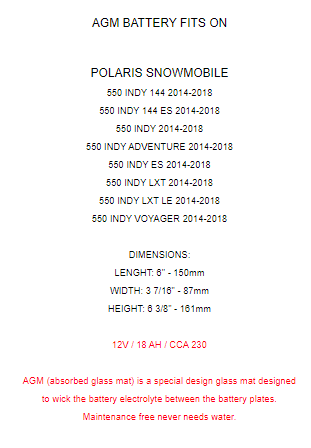 Caltric AGM Battery for Polaris 550 Indy 2014 2015 2016 2017 2018 / 4013045