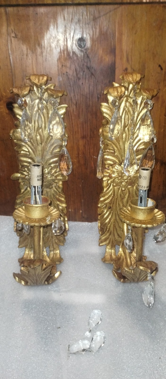 Hollywood Regency Gold Gilt Wall Sconces w/ Crystals – Ornate Electric Pair