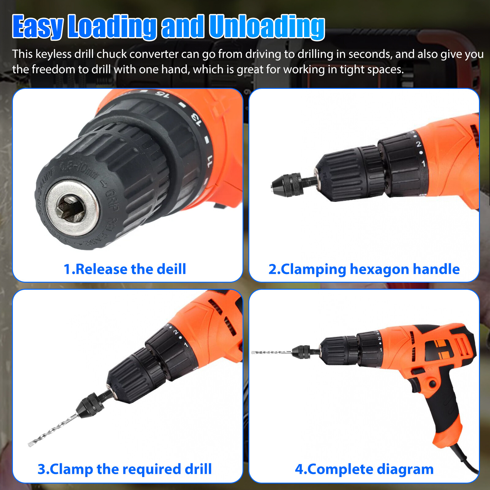 4Pcs 1/4"Hex Shank Keyless Drill Chuck Adapter Bit Quick Change Converter Driver