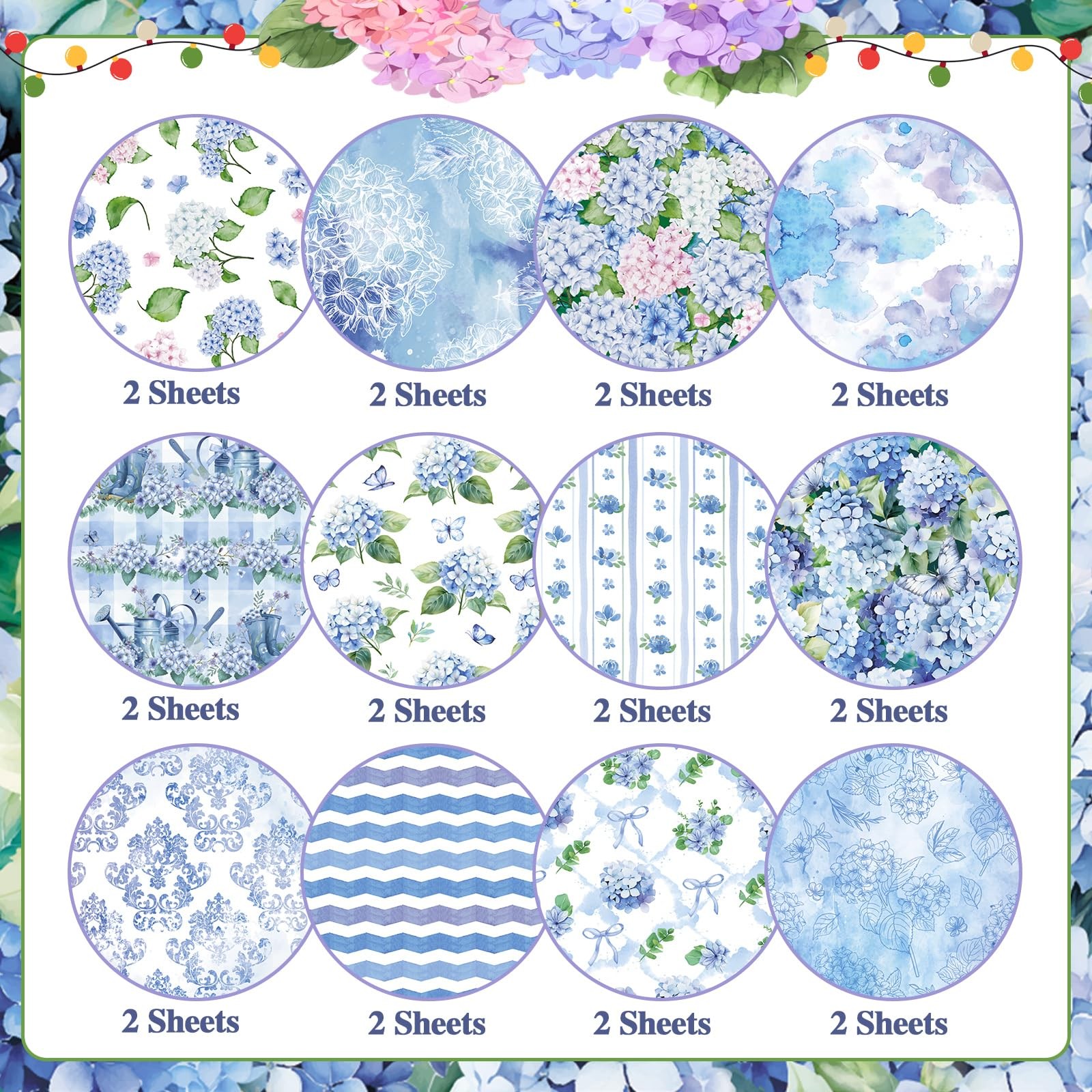 New Konsait 24 Sheets Hydrangea Scrapbook Paper 12x12 Double Sided Blue Pattern