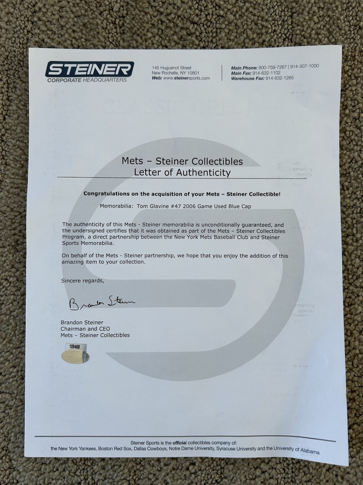 Tom Glavine Game Used Worn 2006 Mets Hat Steiner LOA