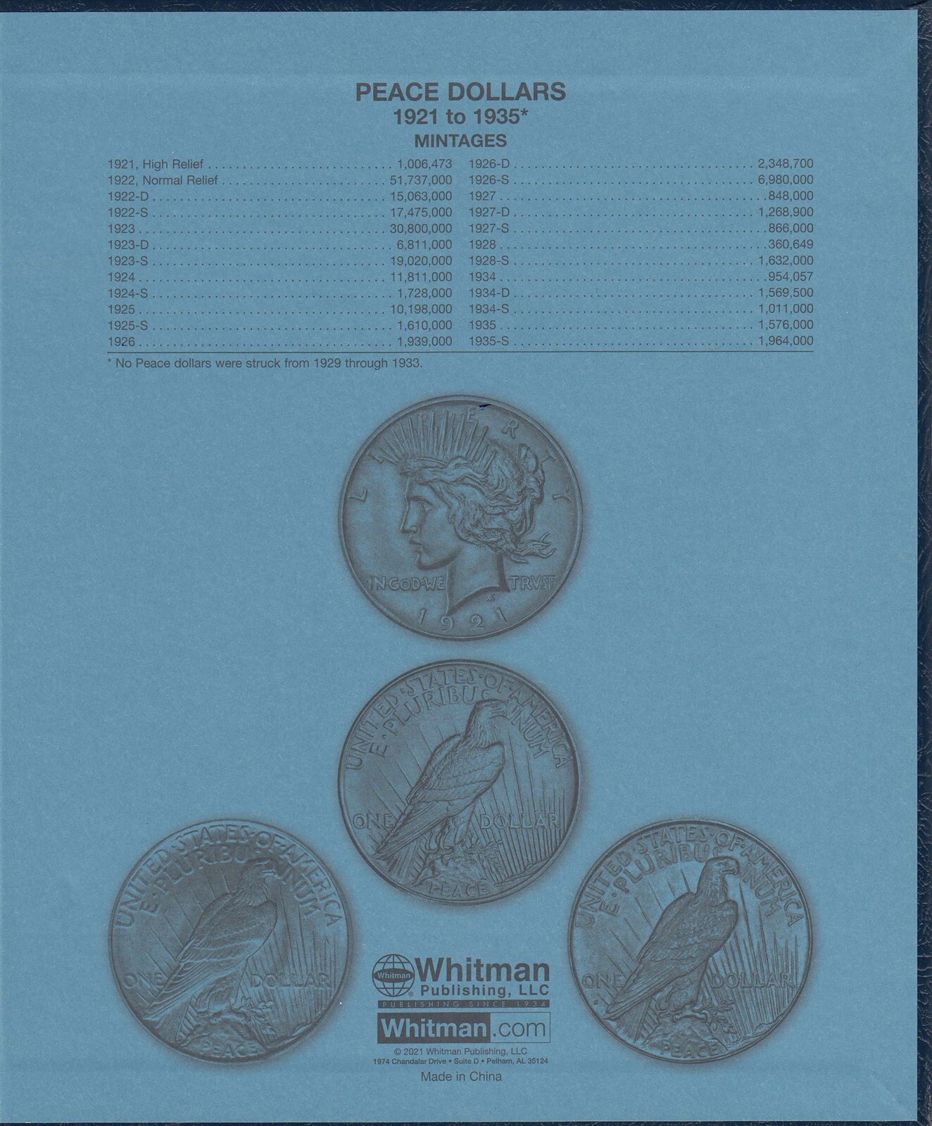 Album For US Peace Dollar Coins Collection 1921-1935 New Collector Gift Whitman