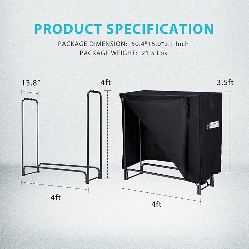 4Ft Heavy Duty Indoor Outdoor Firewood Storage Log Rack w/ Cover Combo Set Black