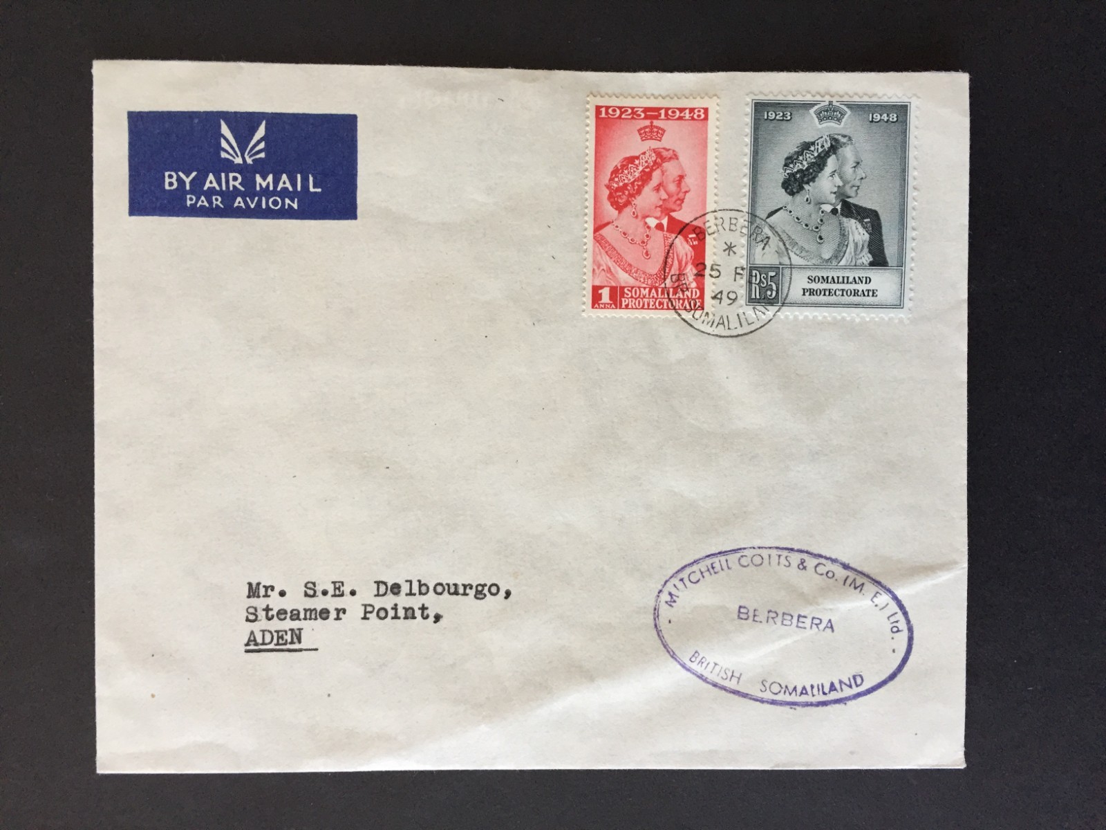 D SOMALILAND PROTECTORATE 1949 4a +5r SILVER WEDDING ON CLEAN COVER TO ADEN