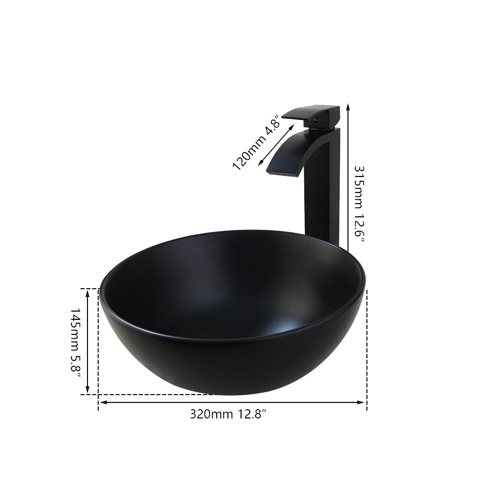 Ceramic Round Black Bathroom Vessel Sink Washing Basin Bowl Waterfall Faucet Tap