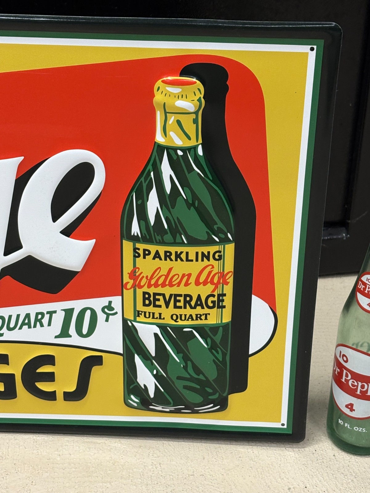 "GOLDEN AGE BEVERAGE" LARGE EMBOSSED METAL ADVERTISING SIGN (41"x 15") NICE