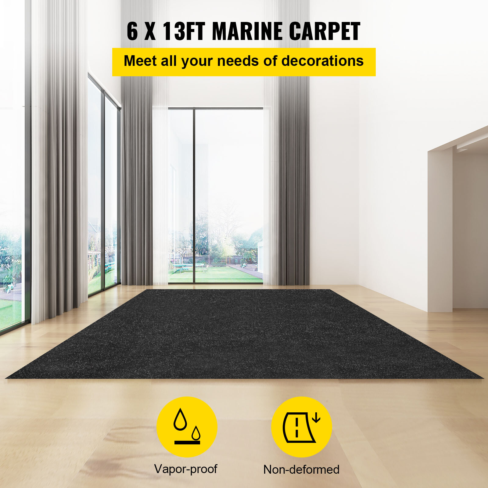 VEVOR 6x13 ft Bass Boat Carpet Cutpile Marine Carpet Charcoal Black Deck Patio